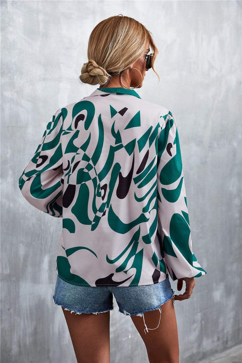Printed Tie Neck Puff Sleeve Blouse - Trendsi - Flyclothing LLC