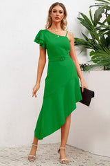 Ruffled Asymmetrical Neck Flutter Sleeve Dress - Trendsi