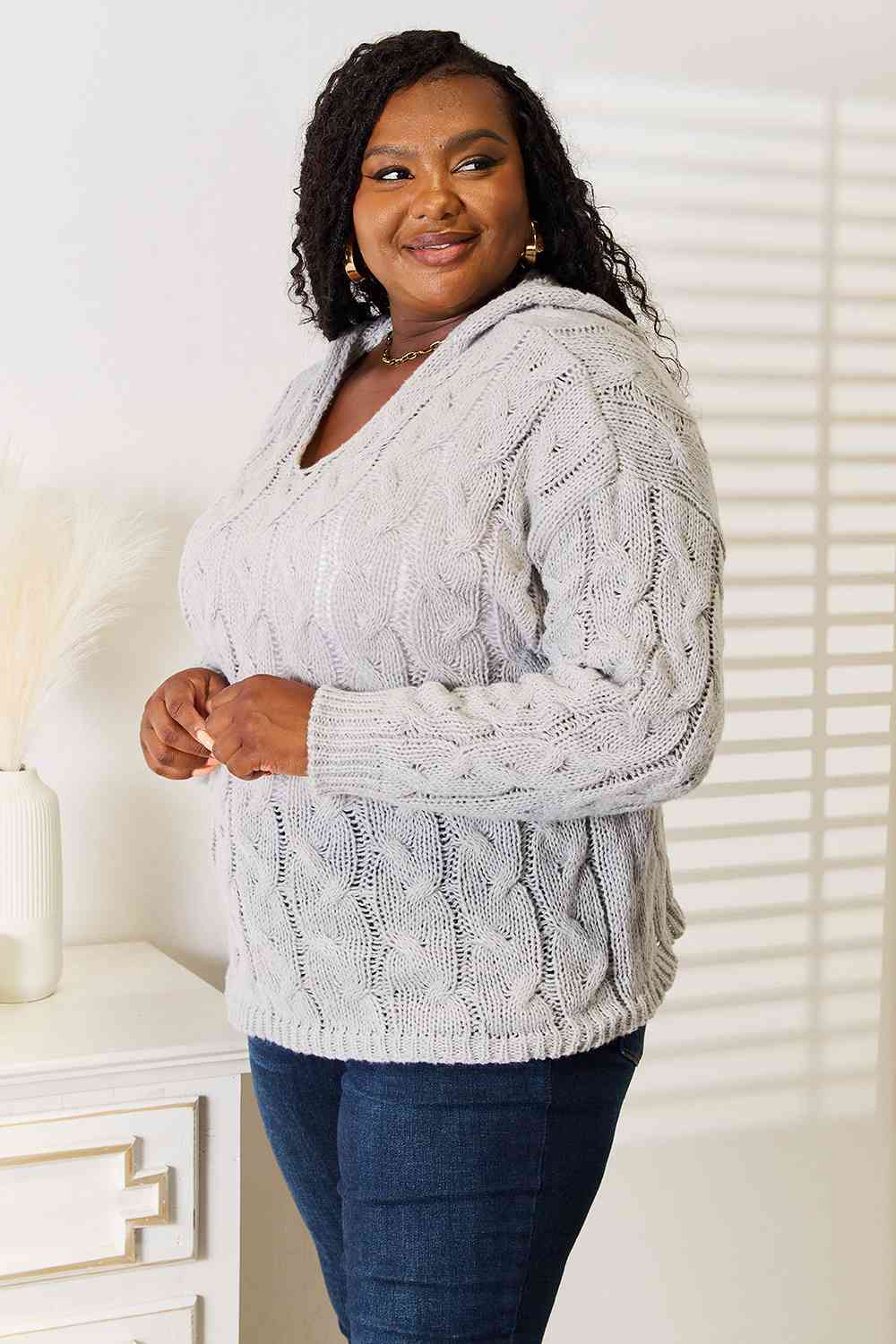 Woven Right Cable-Knit Hooded Sweater - Trendsi - Flyclothing LLC