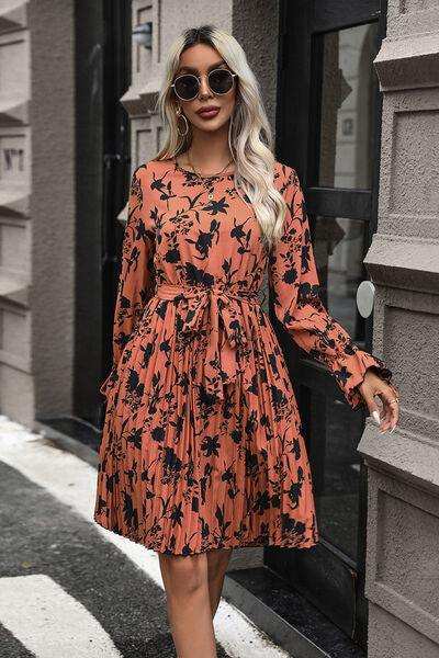 Tie-Waist Printed Pleated Mini Dress - Trendsi - Flyclothing LLC