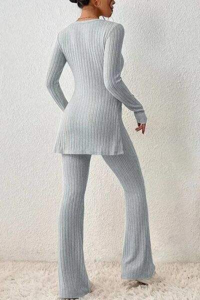 Ribbed Long Sleeve Slit Top and Bootcut Pants Set - Trendsi - Flyclothing LLC