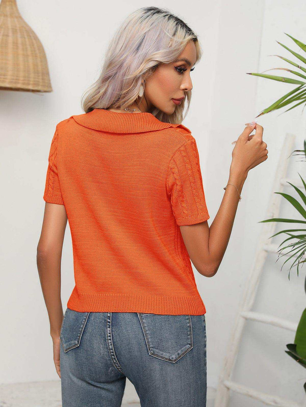 Cable-Knit Johnny Collar Short Sleeve Knit Top - Trendsi - Flyclothing LLC