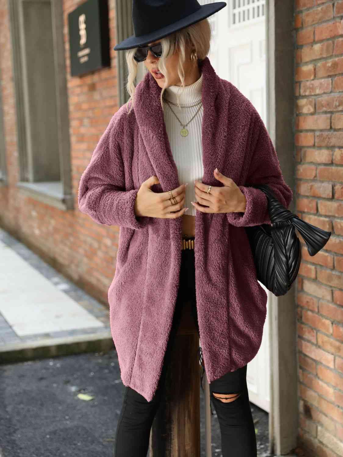 Open Front Hooded Teddy Coat - Trendsi