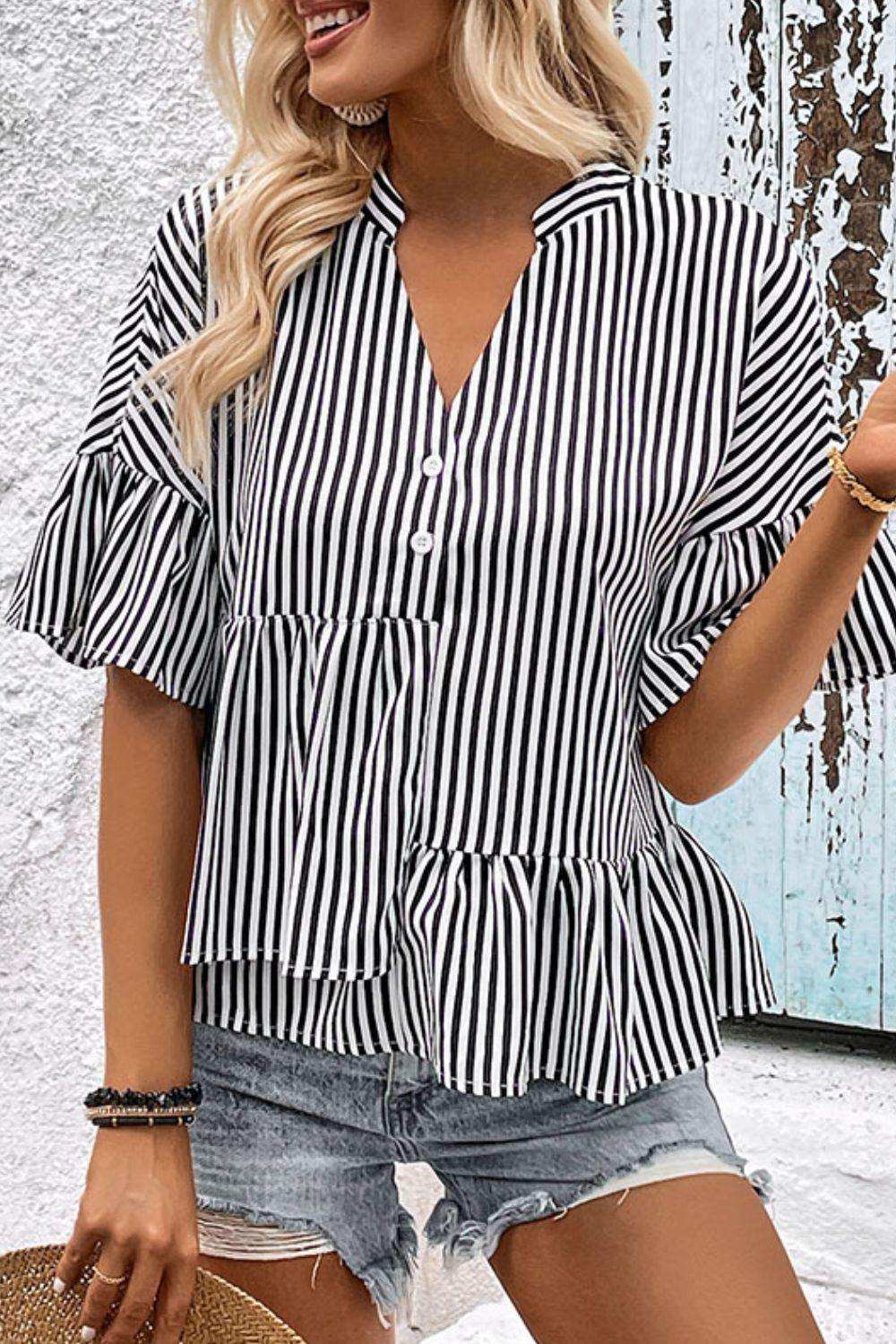 Striped Asymmetrical Flounce Sleeve Blouse - Trendsi - Flyclothing LLC