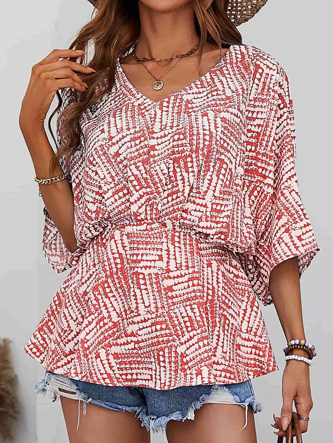 Printed V-Neck Dolman Sleeve Blouse - Trendsi - Flyclothing LLC