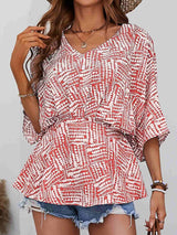 Printed V-Neck Dolman Sleeve Blouse - Trendsi - Flyclothing LLC