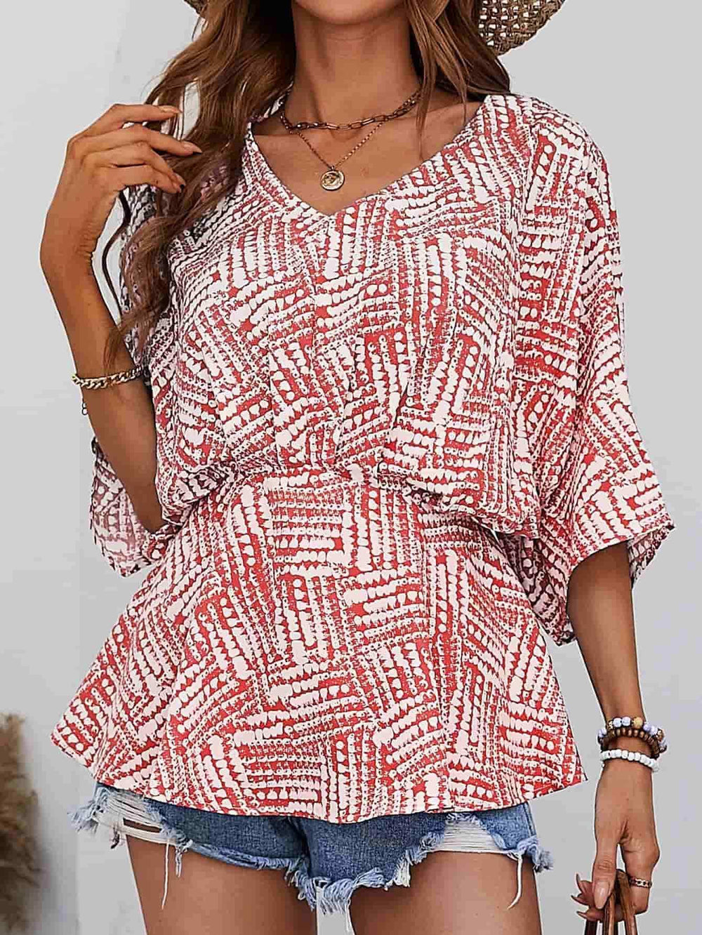 Printed V-Neck Dolman Sleeve Blouse - Trendsi - Flyclothing LLC