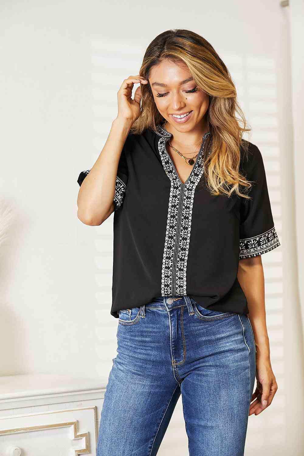 Double Take Embroidered Notched Neck Top - Trendsi - Flyclothing LLC