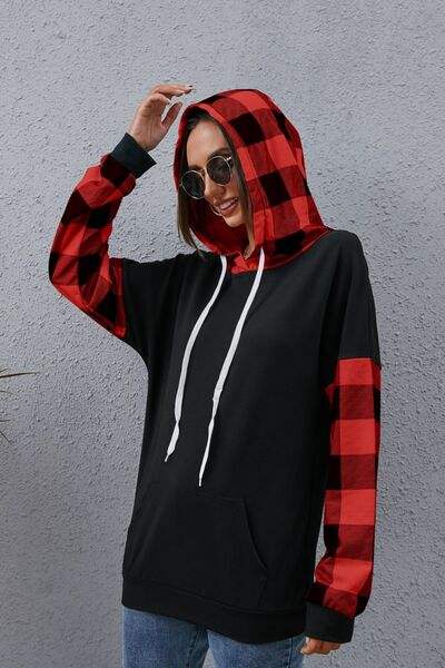Plaid Drawstring Dropped Shoulder Hoodie - Trendsi - Flyclothing LLC