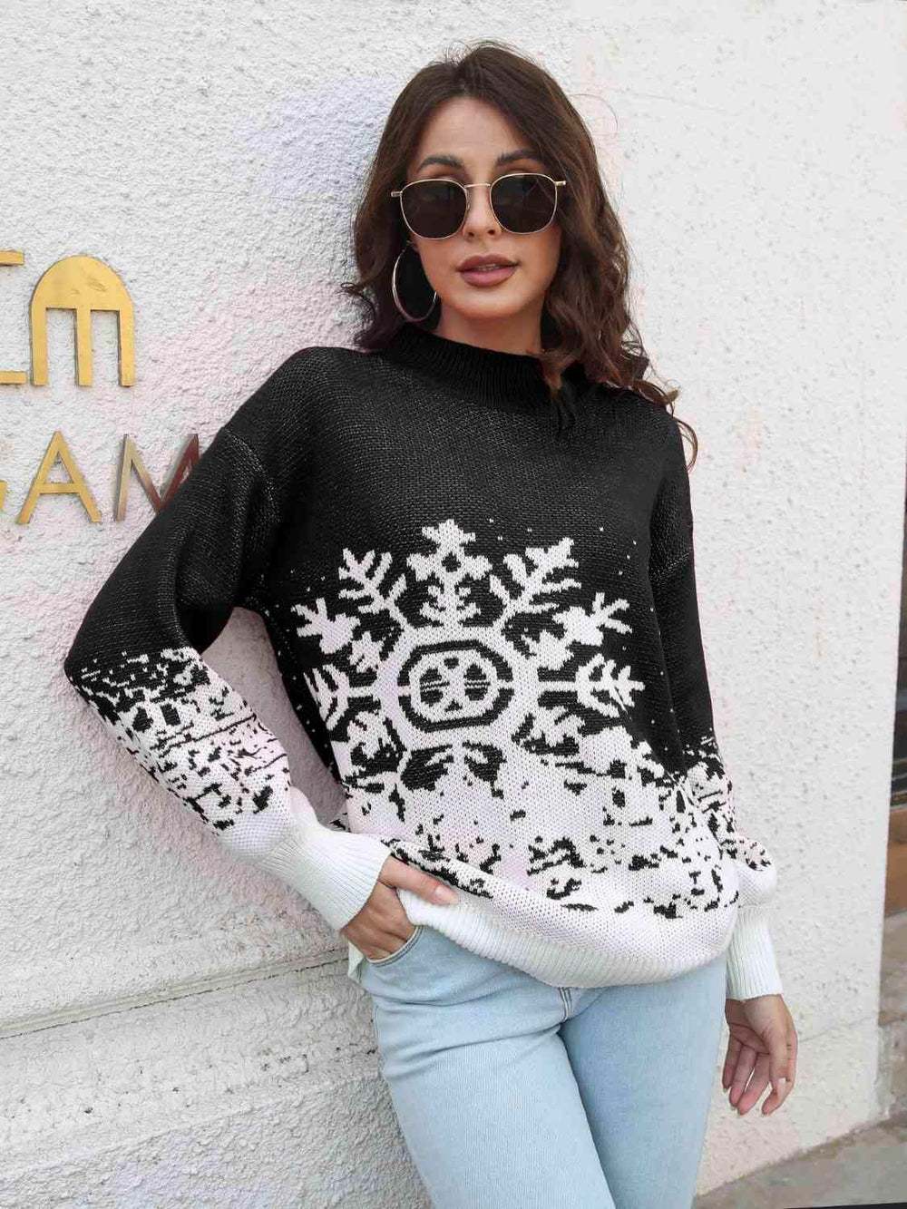 Snowflake Pattern Mock Neck Sweater - Trendsi - Flyclothing LLC