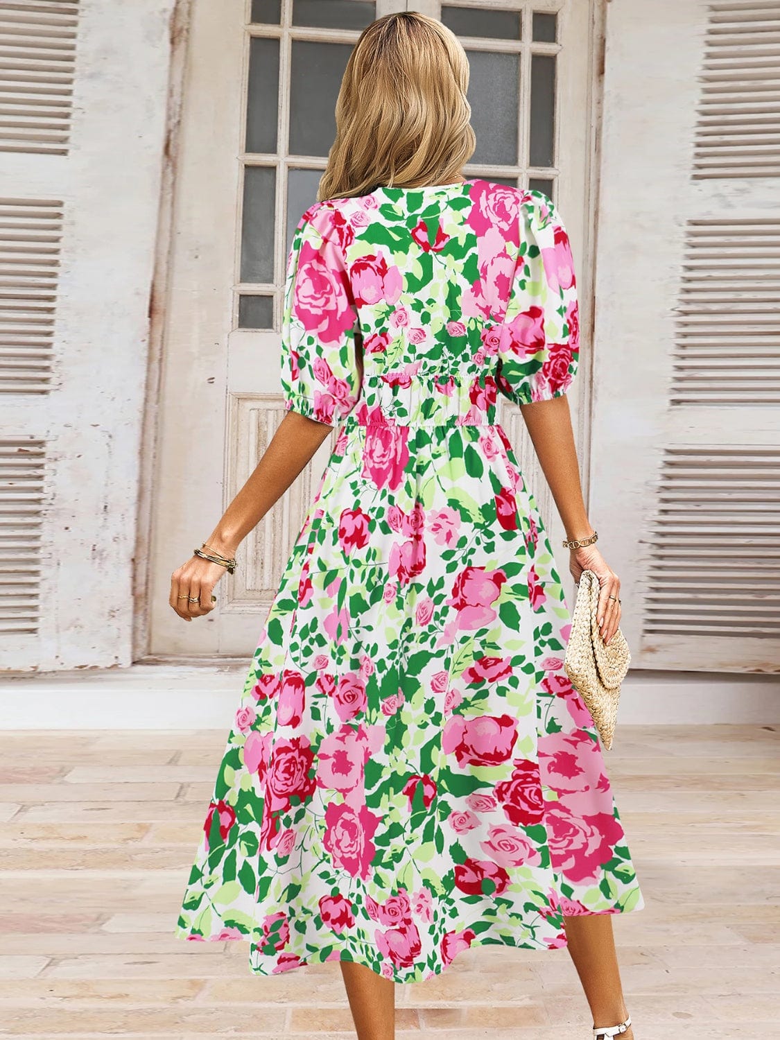 Ruched Printed Surplice Short Sleeve Dress - Trendsi