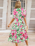 Ruched Printed Surplice Short Sleeve Dress - Trendsi