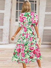 Ruched Printed Surplice Short Sleeve Dress - Trendsi