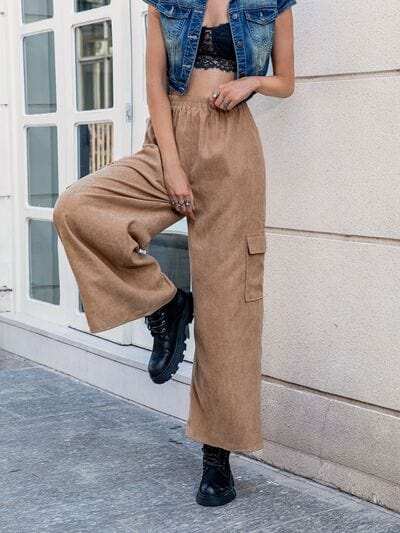 Pocketed Wide Leg Elastic Waist Pants - Trendsi - Flyclothing LLC