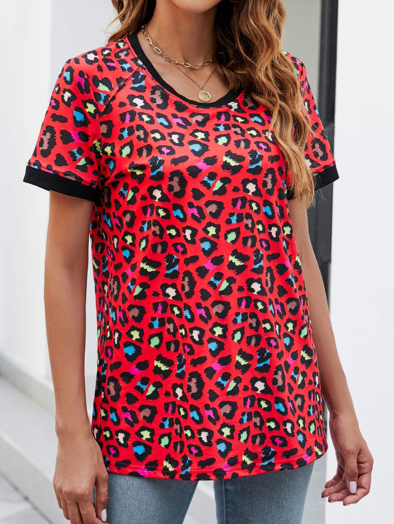 Leopard Round Neck Short Sleeve Tee Shirt - Trendsi - Flyclothing LLC