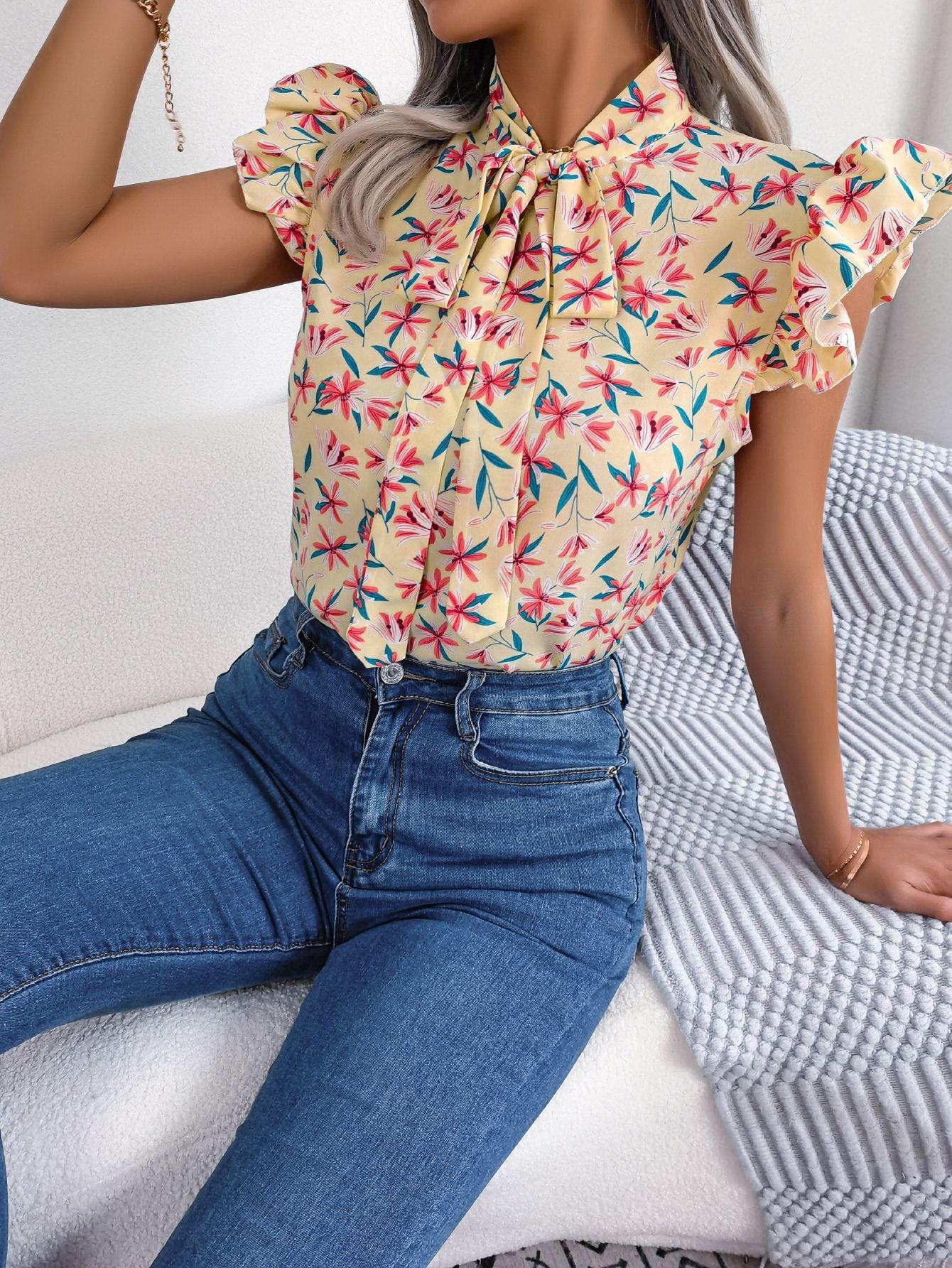 Floral Tie Neck Flutter Sleeve Blouse - Trendsi