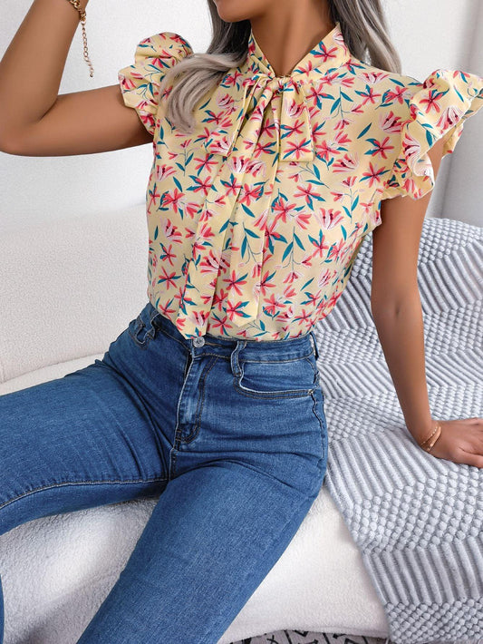 Floral Tie Neck Flutter Sleeve Blouse - Trendsi