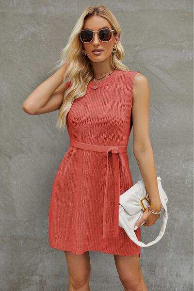 Tied Round Neck Sleeveless Sweater Dress - Trendsi - Flyclothing LLC
