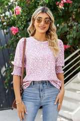 Polka Dot Round Neck Lantern Sleeve Blouse - Trendsi - Flyclothing LLC
