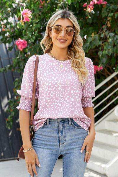 Polka Dot Round Neck Lantern Sleeve Blouse - Trendsi - Flyclothing LLC