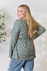 Heimish Full Size Floral Half Button Long Sleeve Blouse - Trendsi