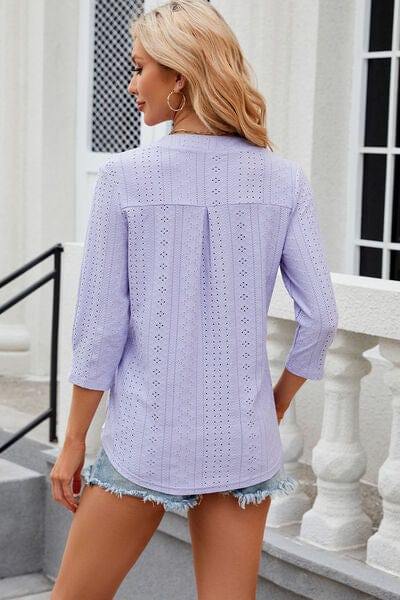 Eyelet Notched Knit Jacquard Top - Trendsi