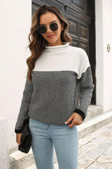 Two-Tone Mock Neck Dropped Shoulder Pullover Sweater - Flyclothing LLC