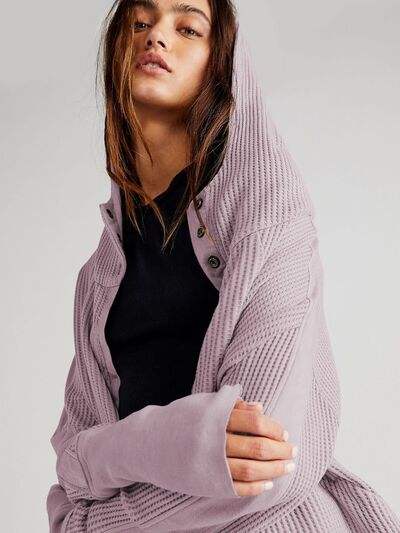 Waffle-Knit Dropped Shoulder Hooded Jacket - Trendsi - Flyclothing LLC
