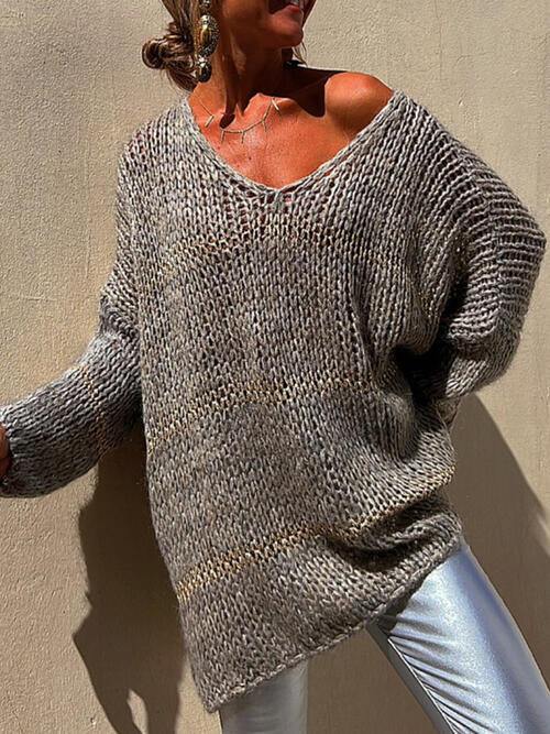 Openwork V-Neck Long Sleeve Sweater - Trendsi
