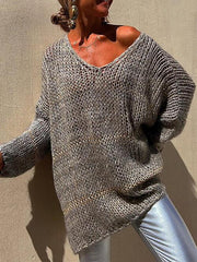 Openwork V-Neck Long Sleeve Sweater - Trendsi