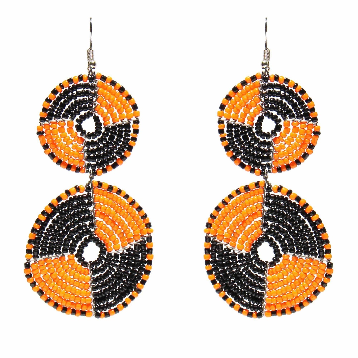 Maasai Bead Double Circle Dangle Earrings, Mango Orange and Black - Jedando - Flyclothing LLC