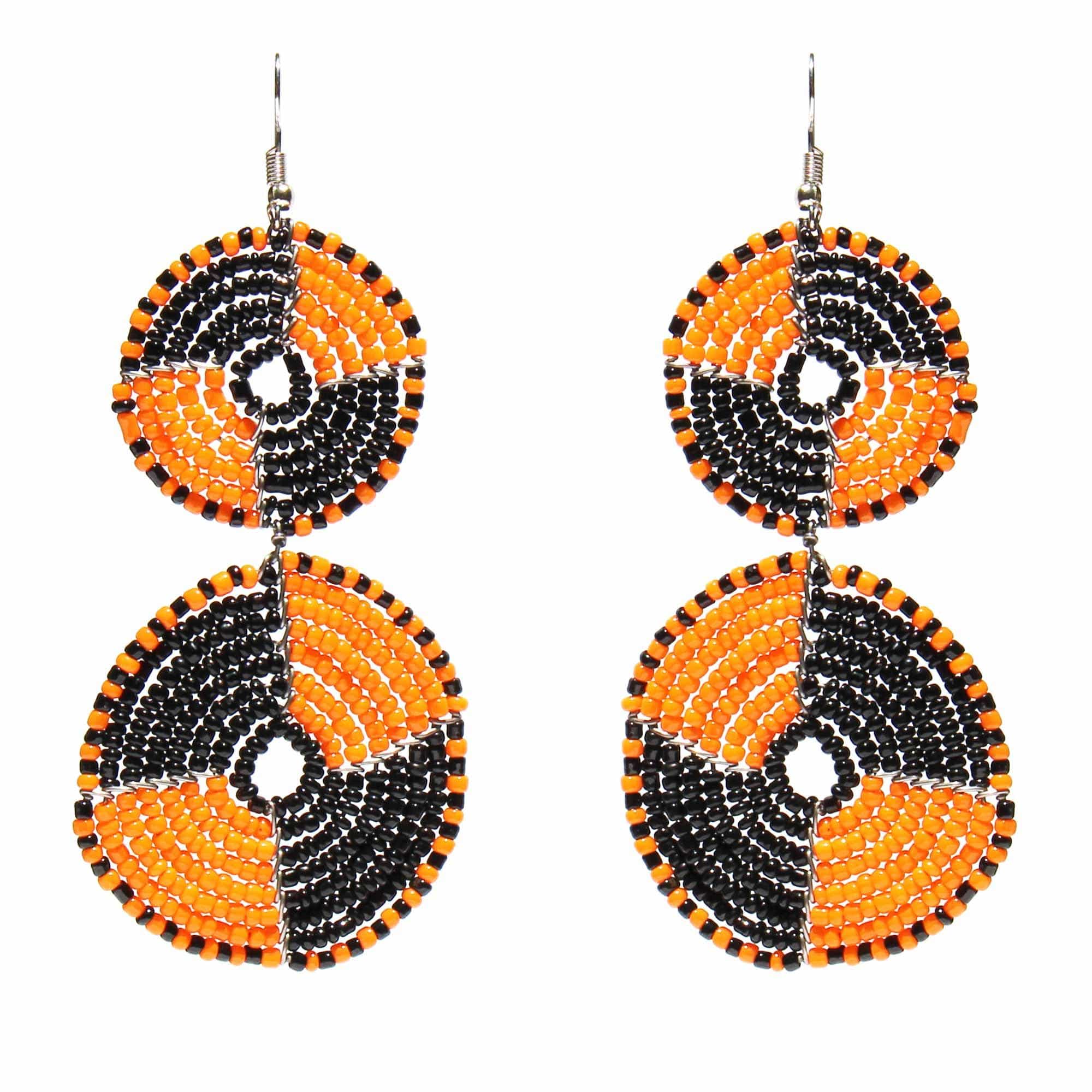 Maasai Bead Double Circle Dangle Earrings, Mango Orange and Black - Jedando - Flyclothing LLC