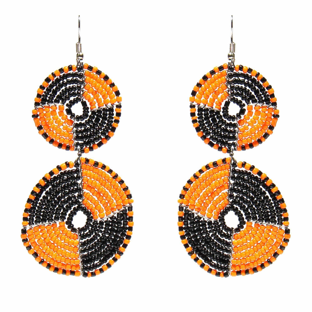 Maasai Bead Double Circle Dangle Earrings, Mango Orange and Black - Jedando
