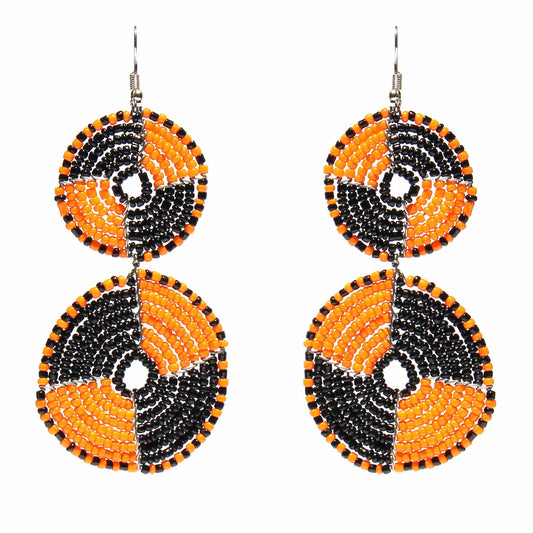 Maasai Bead Double Circle Dangle Earrings, Mango Orange and Black - Flyclothing LLC