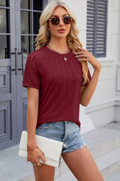 Openwork Round Neck Short Sleeve T-Shirt - Trendsi - Flyclothing LLC