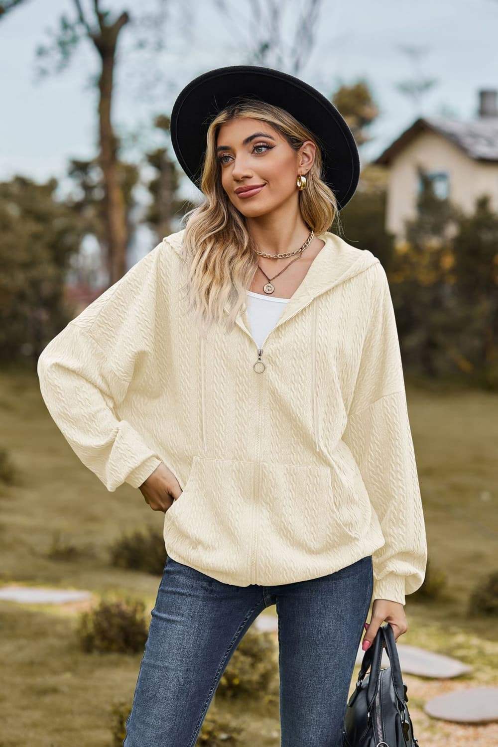Cable-Knit Long Sleeve Hooded Jacket - Trendsi - Flyclothing LLC