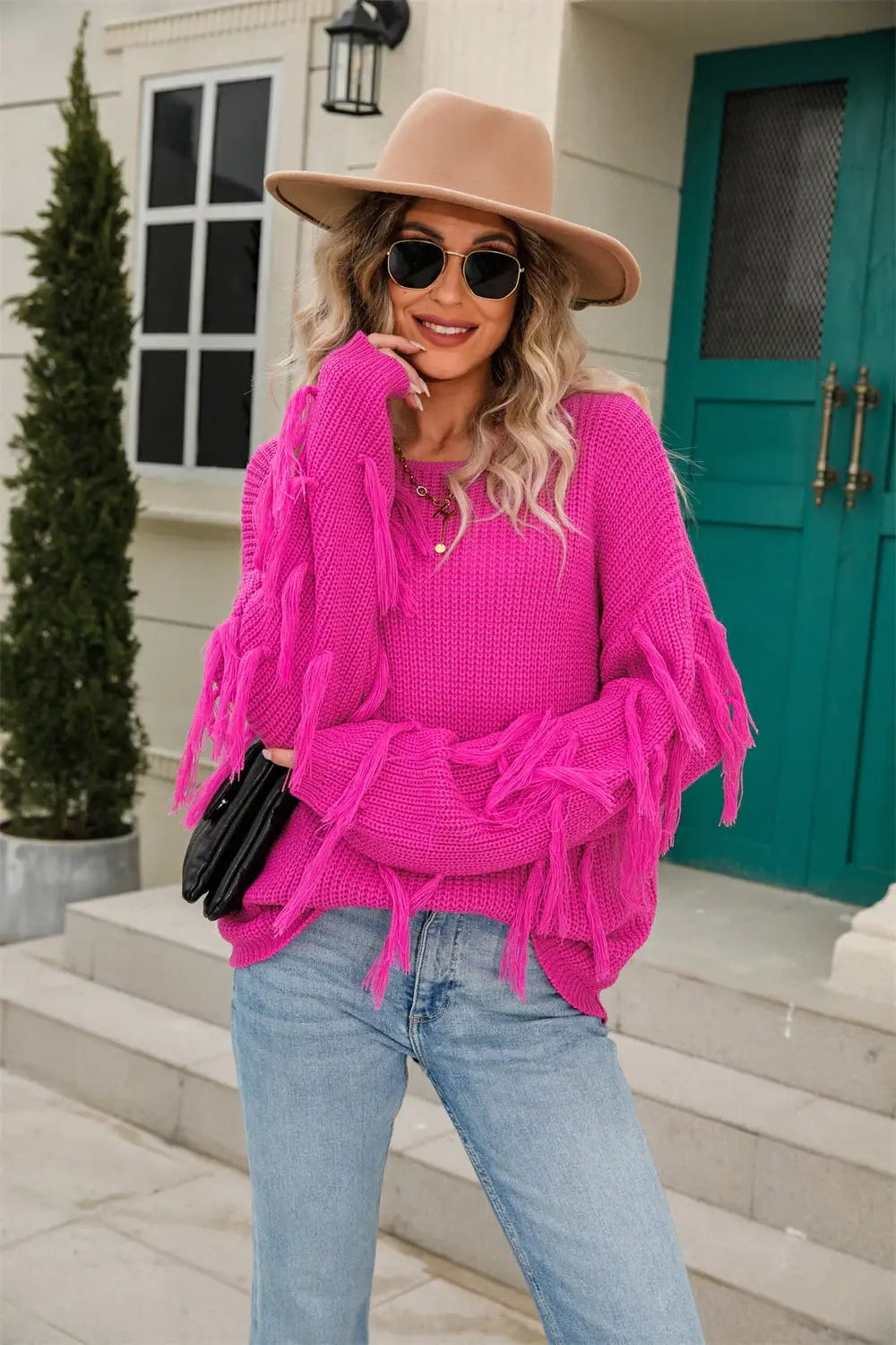 Ribbed Round Neck Fringe Detail Sweater - Trendsi - Flyclothing LLC
