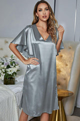 Satin Flutter Sleeve Side Slit V-Neck Night Dress - Trendsi