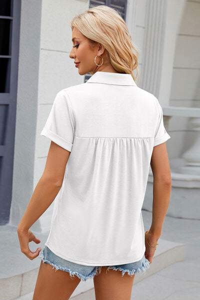 Ruched Johnny Collar Short Sleeve Blouse - Trendsi - Flyclothing LLC