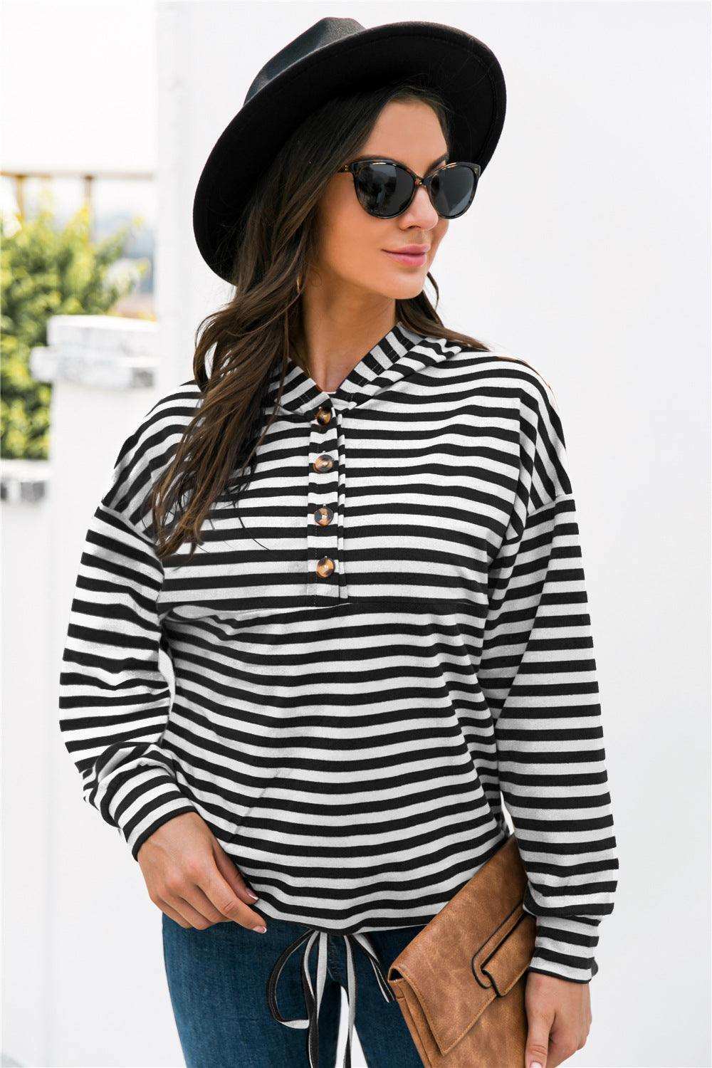 Striped Half-Button Dropped Shoulder Hoodie - Trendsi - Flyclothing LLC
