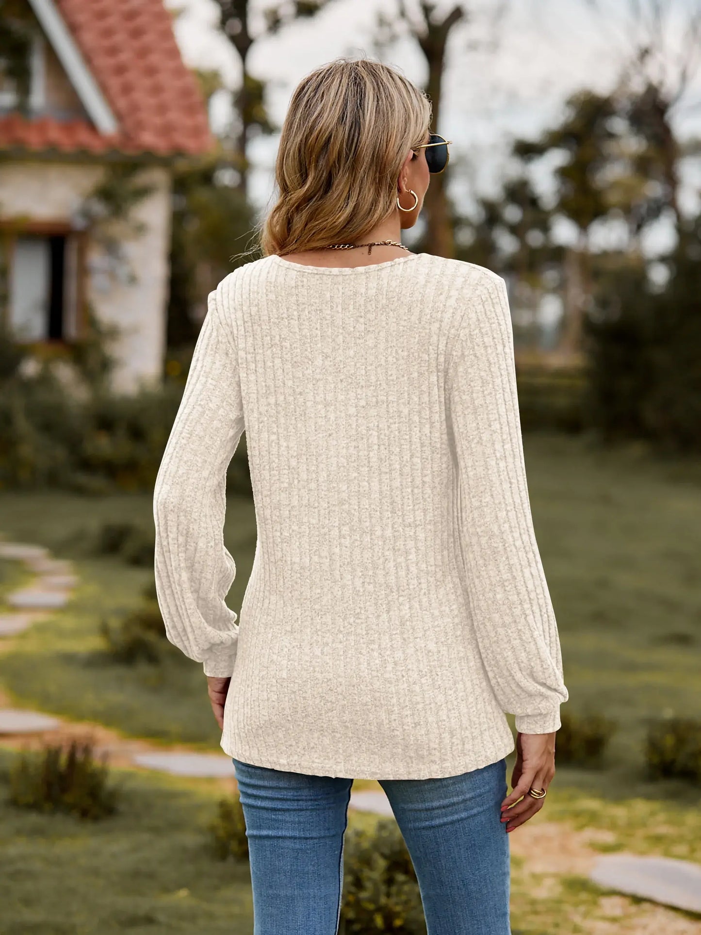 Round Neck Button-Down Long Sleeve Tee - Trendsi - Flyclothing LLC