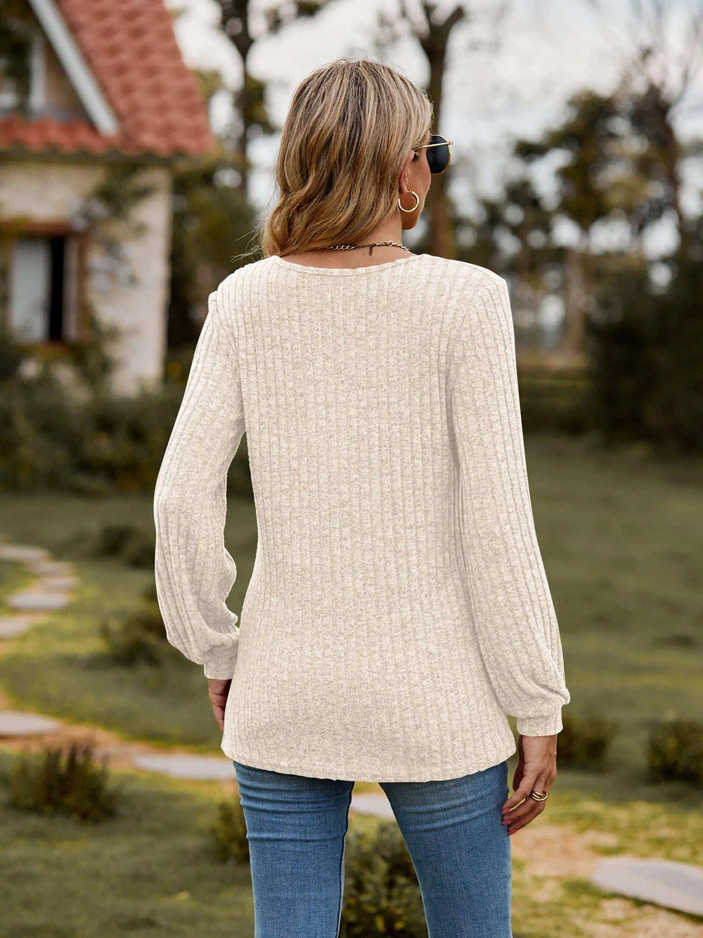 Round Neck Button-Down Long Sleeve Tee - Trendsi - Flyclothing LLC