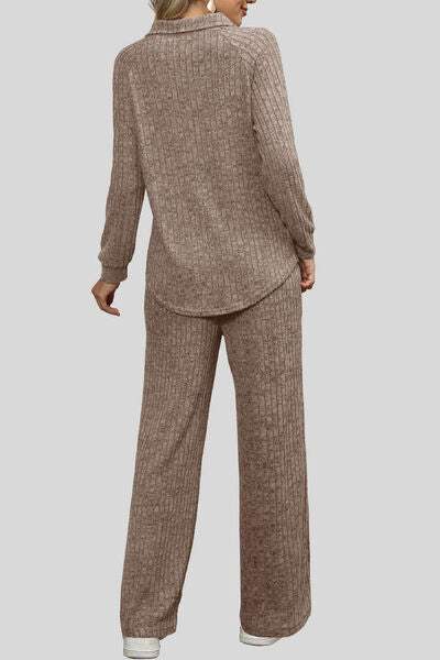 Ribbed Long Sleeve Top and Pocketed Pants Set - Trendsi - Flyclothing LLC