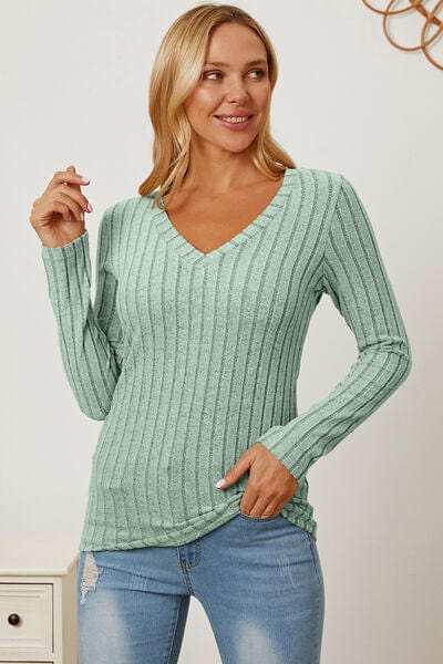 Basic Bae Full Size Ribbed V-Neck Long Sleeve T-Shirt - Trendsi - Flyclothing LLC