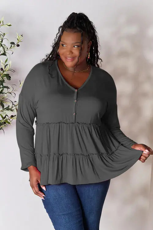 Double Take Half Button Long Sleeve Ruffle Hem Blouse - Trendsi - Flyclothing LLC