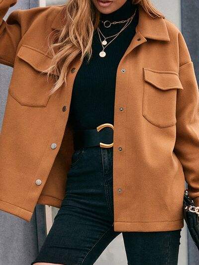 Pocketed Snap Down Dropped Shoulder Jacket - Trendsi - Flyclothing LLC