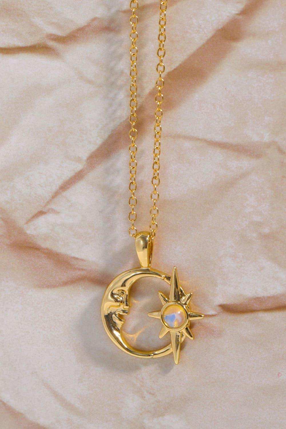Copper 14K Gold Pleated Moon & Star Shape Pendant Necklace - Trendsi - Flyclothing LLC