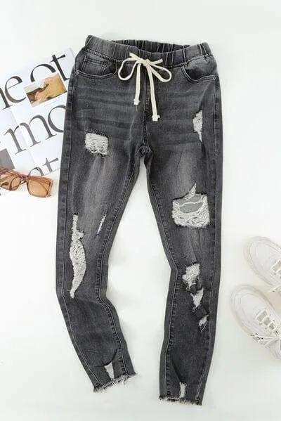 Drawstring Distressed Raw Hem Jeans with Pockets - Trendsi - Flyclothing LLC