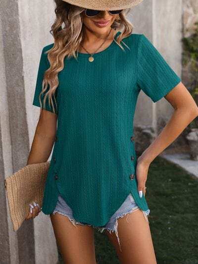 Decorative Button Round Neck Short Sleeve Blouse - Trendsi - Flyclothing LLC