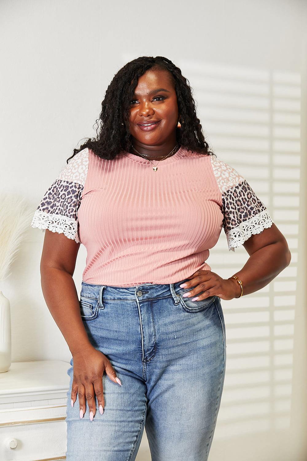 Double Take Leopard Lace Trim Ribbed Round Neck Top - Trendsi